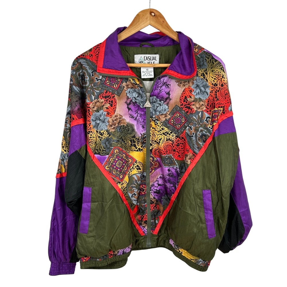 Casual Isle Vintage 90s Windbreaker Jacket Abstract Colorblock Floral XL
